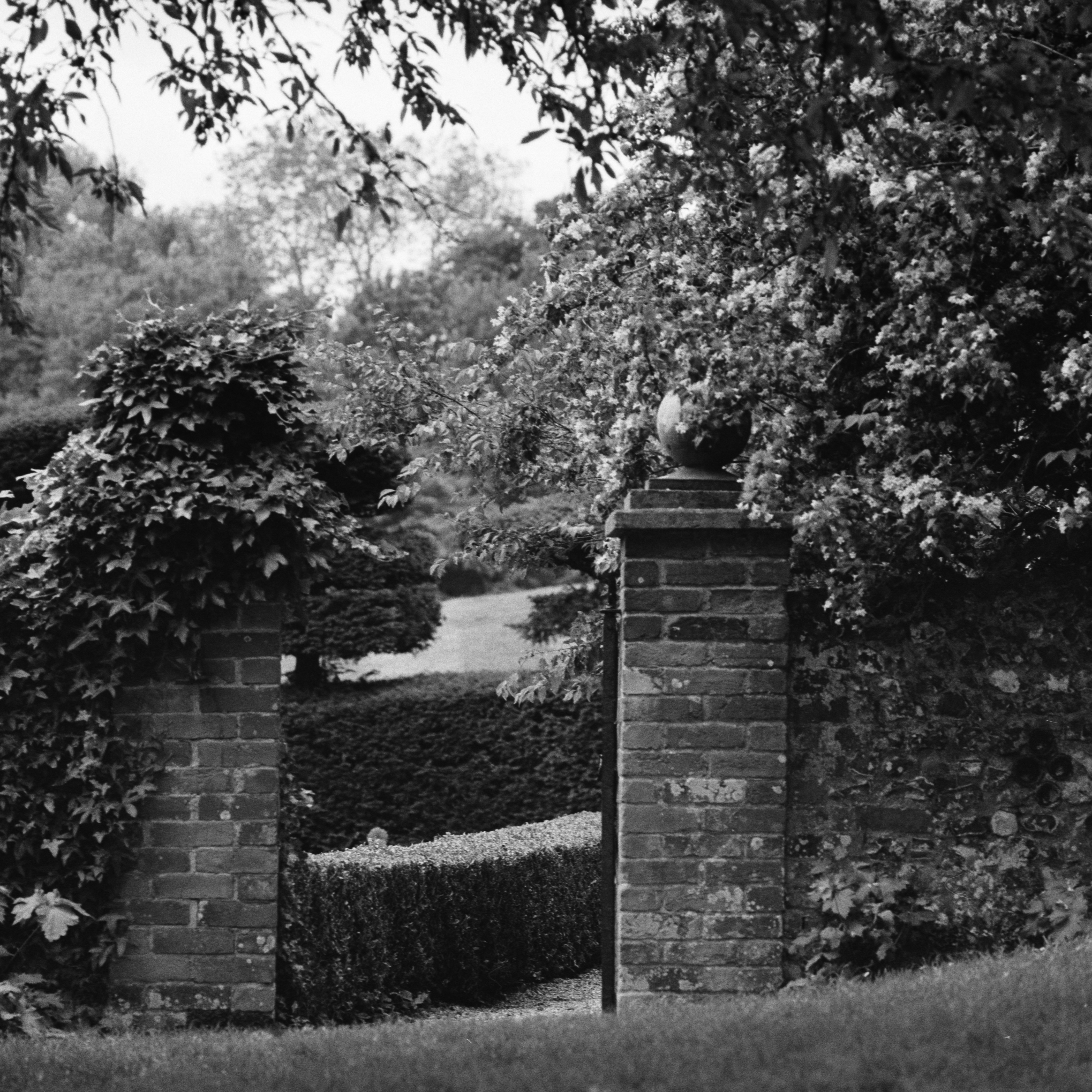 gray scale photo of brick wall